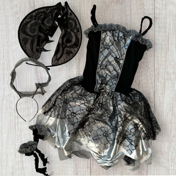 COSTUMES USA Black Silver Fallen Angel Dark Fairy Princess Wings Halo Dress XL - Picture 2 of 6